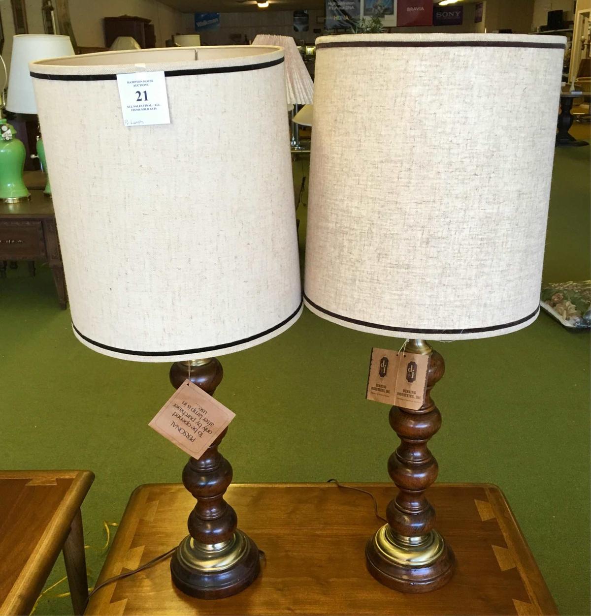 Two Wood And Brass Table Lamps