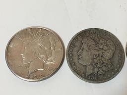 FOUR SILVER DOLLARS - 1 PEACE / 3 MORGANS