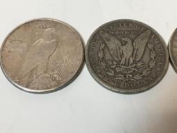 FOUR SILVER DOLLARS - 1 PEACE / 3 MORGANS