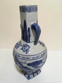 BLUE AND WHITE ASIAN VASE WITH HANDLES