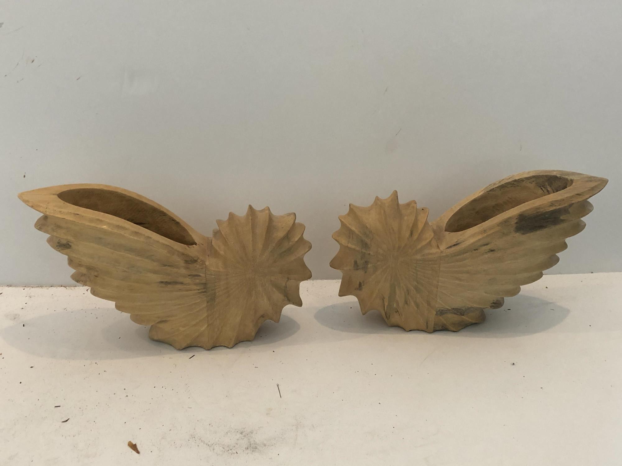 PAIR OF WOODEN SEASHELL SHAPED VASES