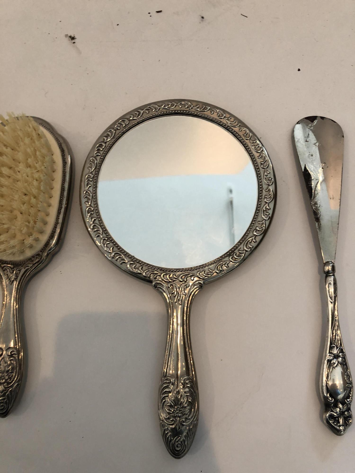 4 STERLING & PLATE - 2 BRUSHES, SHOE HORN, MIRROR