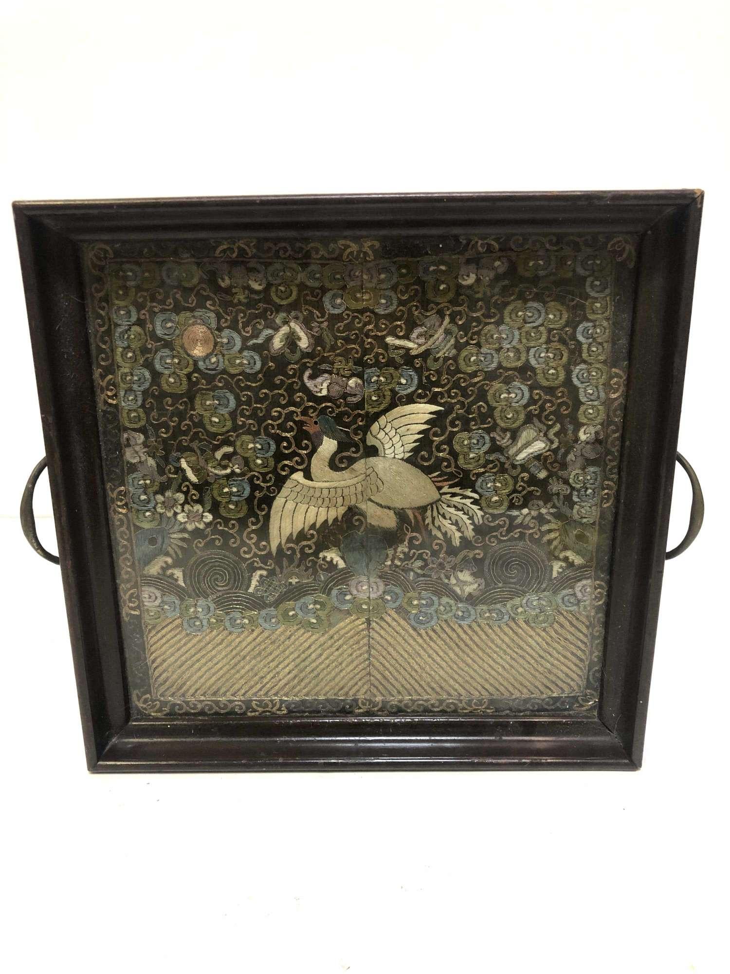 FRAMED ASIAN SILK SQUARE OF A  CRANE