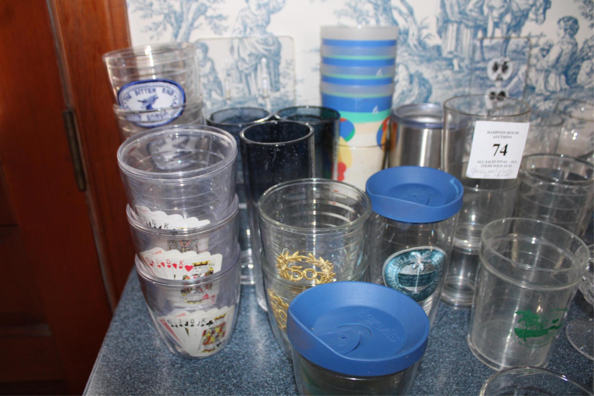 COUNTER TOP GROUP OF GLASS & ACRYLIC WARE