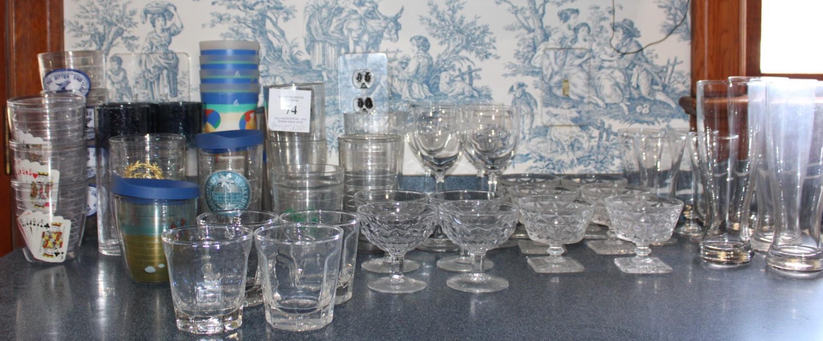 COUNTER TOP GROUP OF GLASS & ACRYLIC WARE