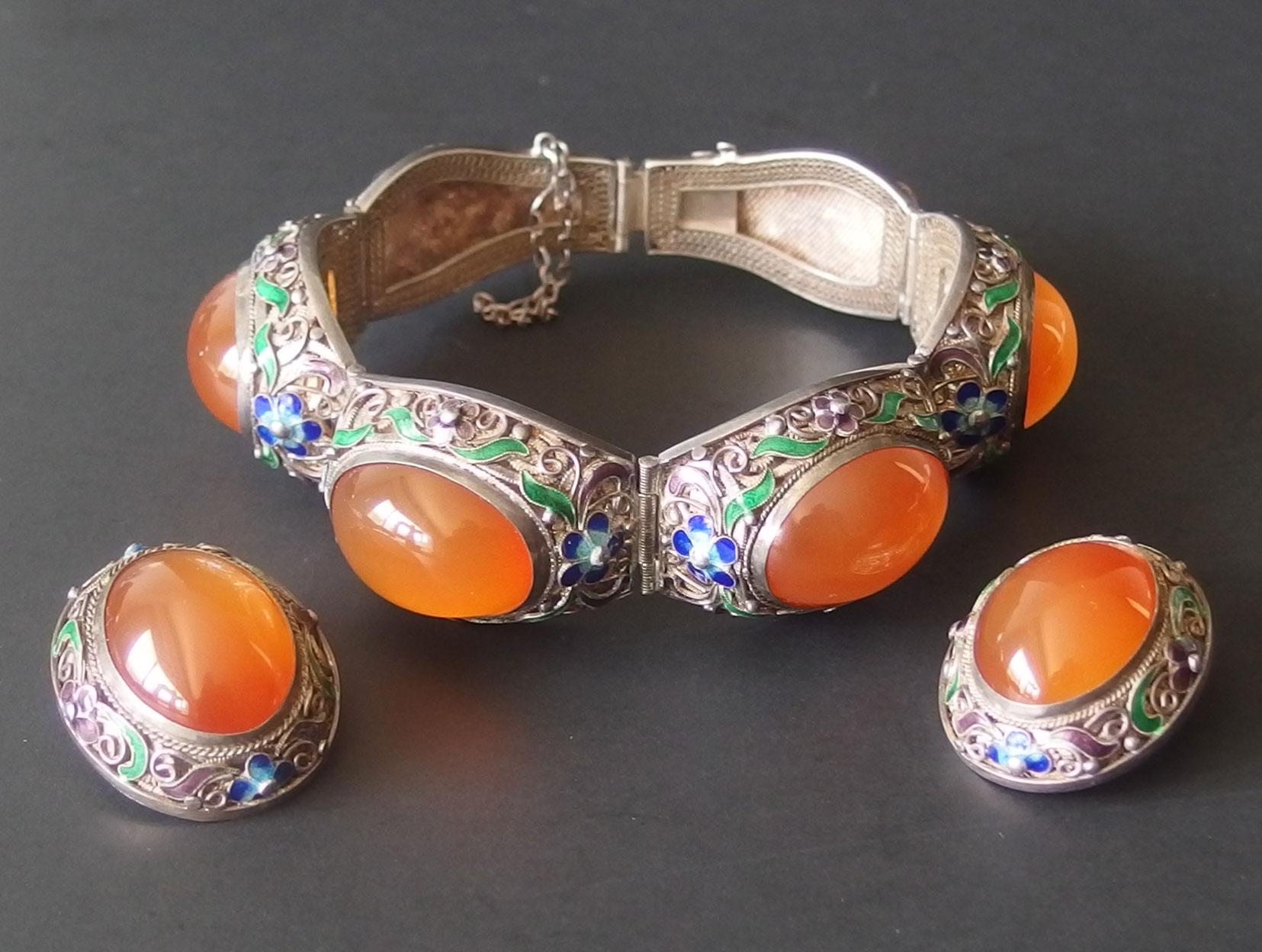 CHINESE CARNELIAN ENAMEL SILVER BRACELET EARRINGS SET