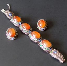 CHINESE CARNELIAN ENAMEL SILVER BRACELET EARRINGS SET