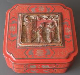 ANTIQUE CHINESE CINNABAR LACQUERED BOX & COVER