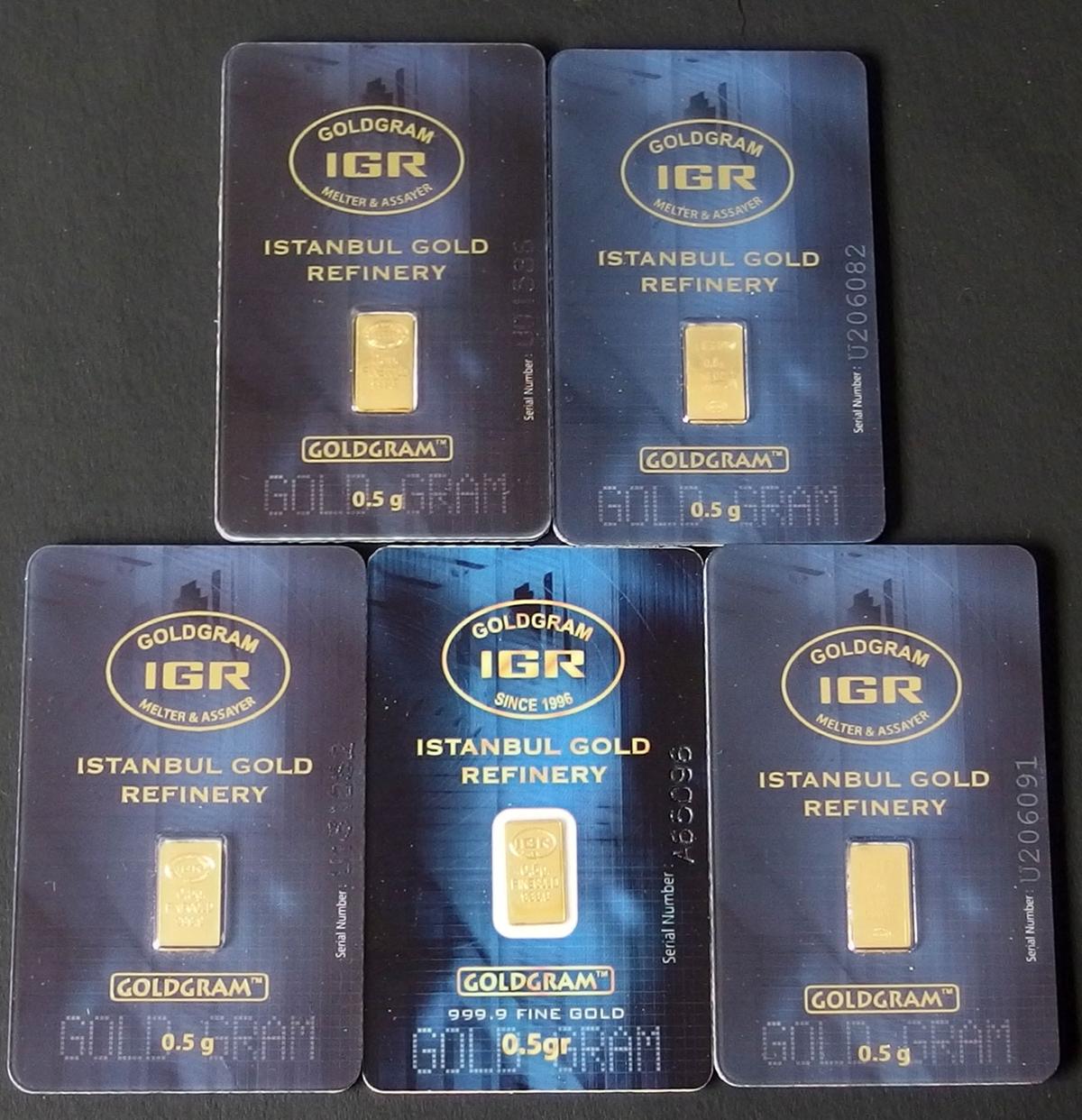 FIVE (5) 0.5 GMS IGR GOLD BARS