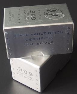 TWO (2) BRICK STATE VAULT 10 TROY OZ SILVER BARS