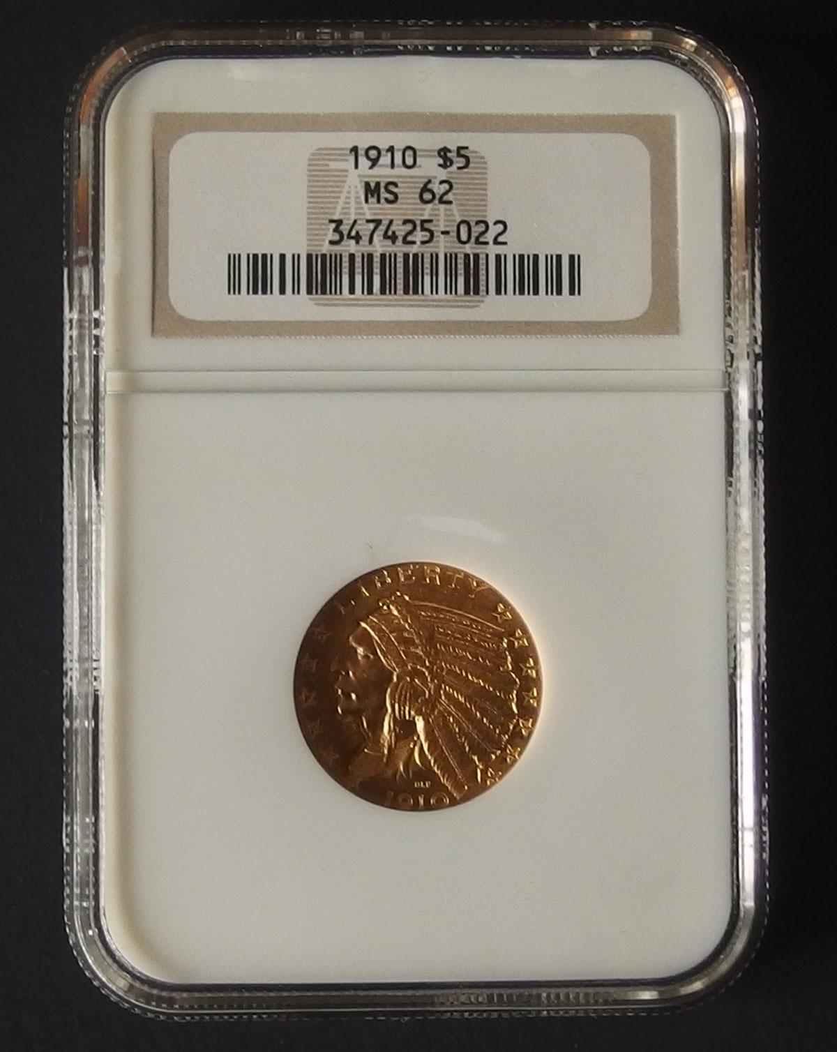 1910 $5 NGC MS62 INDIAN HEAD GOLD COIN