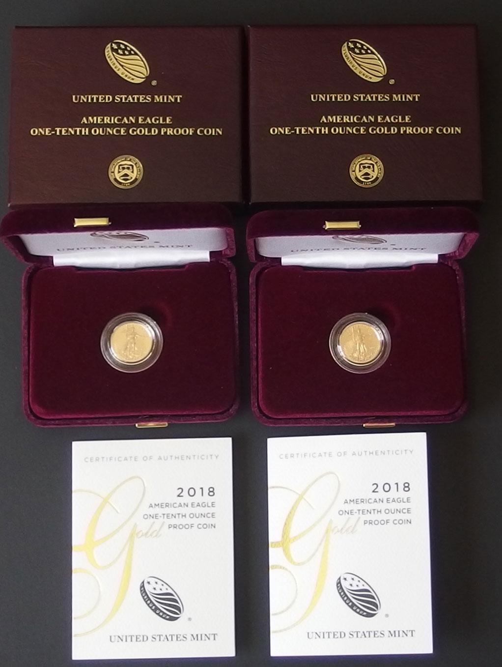 2 x 2018-W $5 AMERICAN EAGLE GOLD PROOF COINS