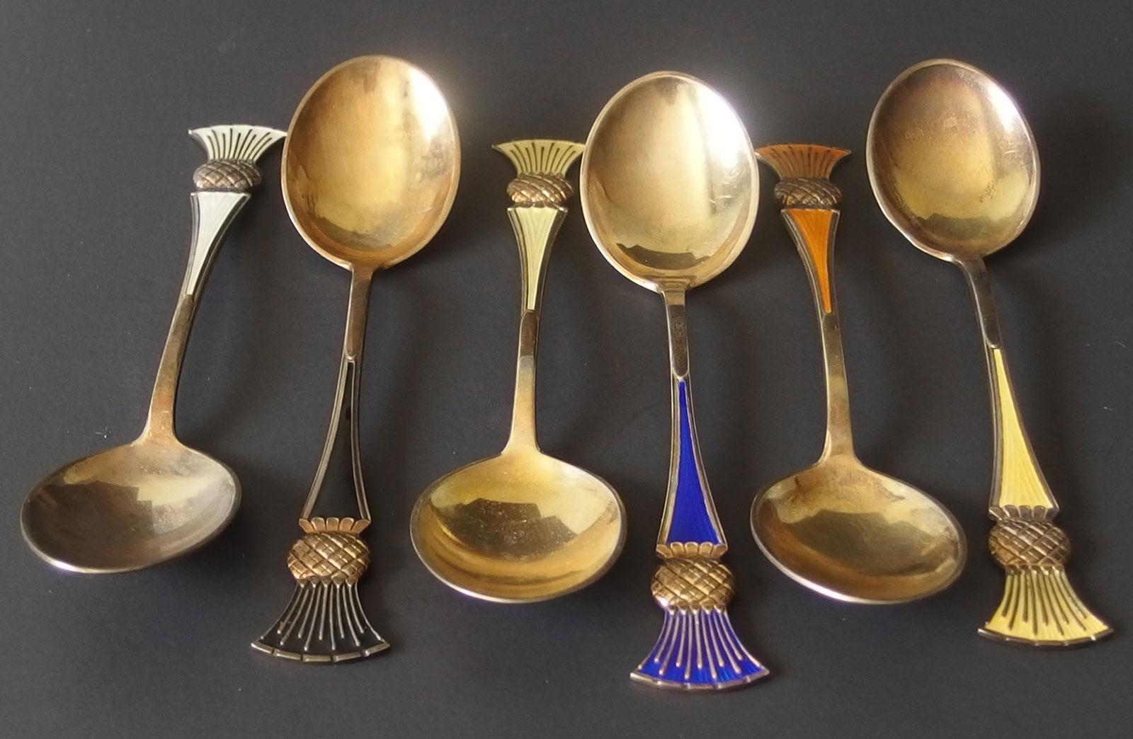 J. TOSTROP STERLING & ENAMEL SPOON SET