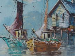 20TH CENTURY HARBOR SCENE OIL PAINTING