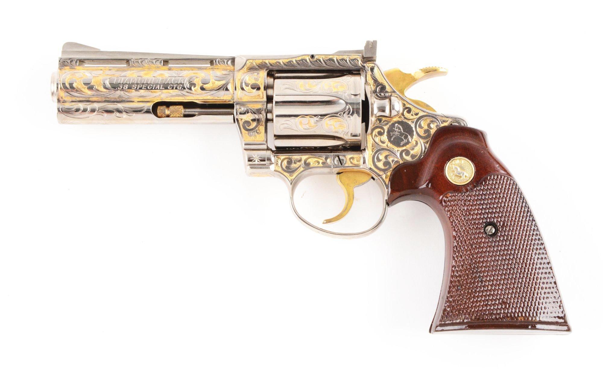 (M) Engraved Nickel .38 Caliber Colt Diamondback Revolver.