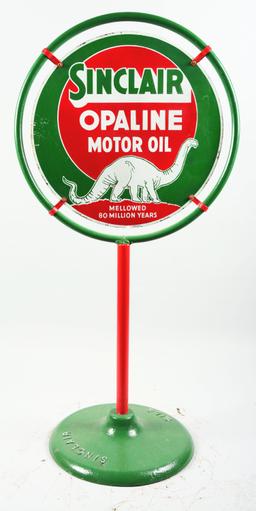 Sinclair Opaline Motor Oil w/ Dinosaur Graphic Porcelain Lollipop Sign.