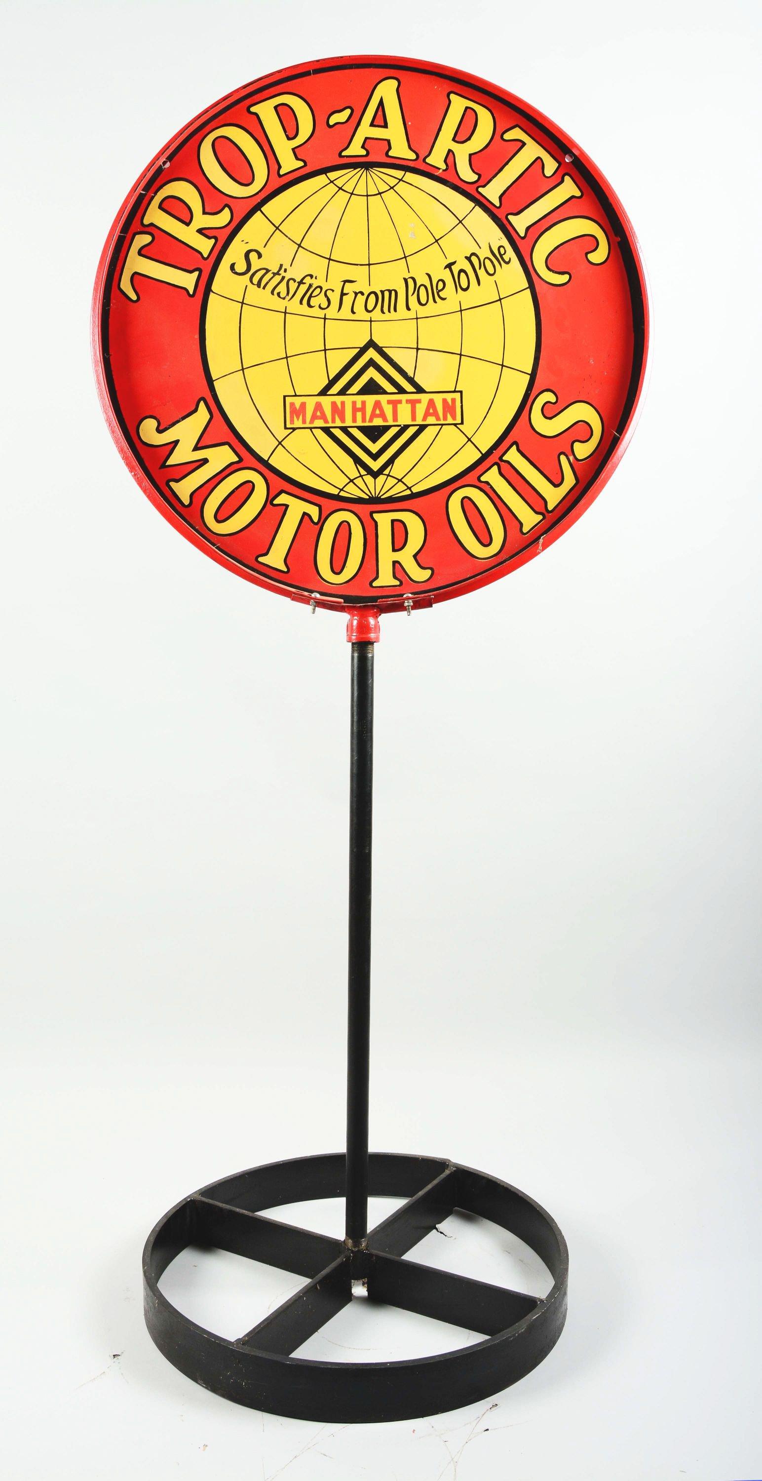 Trop-Artic Motor Oils Manhattan Gasoline Porcelain Lollipop Sign.