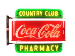 Complete New Old Stock Coca-Cola Country Club & Pharmacy Porcelain Neon Sign w/ Aluminum Trim.