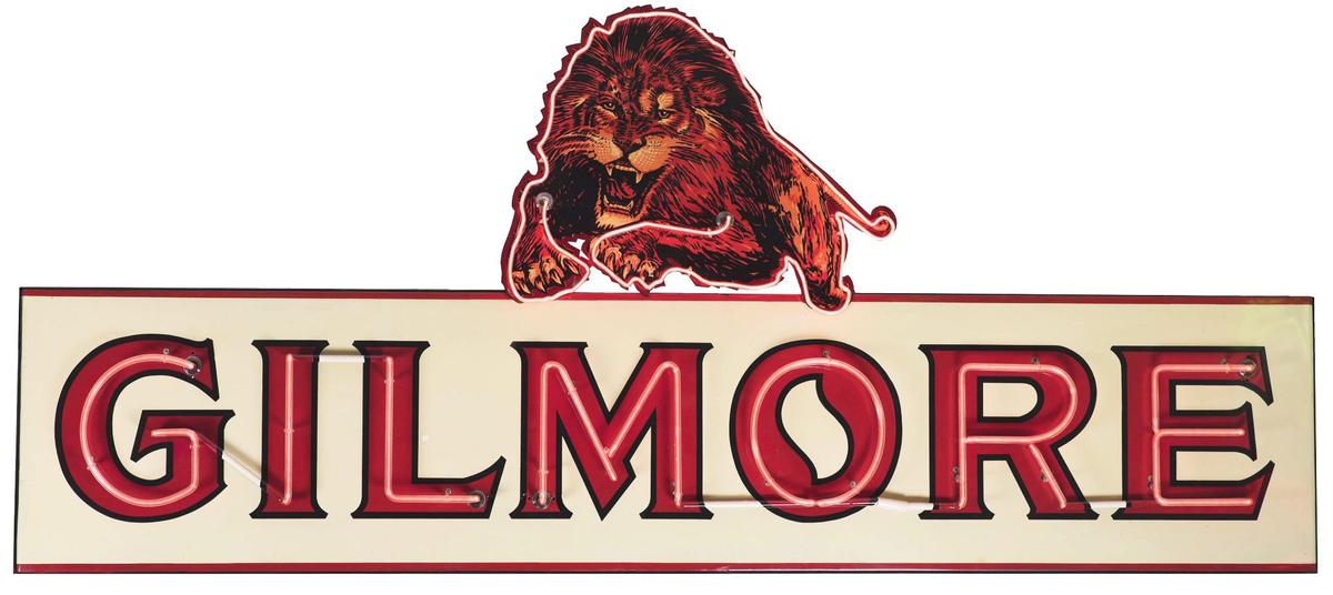Original Gilmore Porcelain Neon Sign w/ Added Lion Graphic On Top.