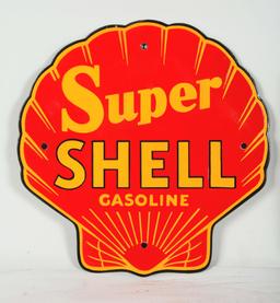 Super Shell Gasoline Clamshell Shaped Porcelain Sign.