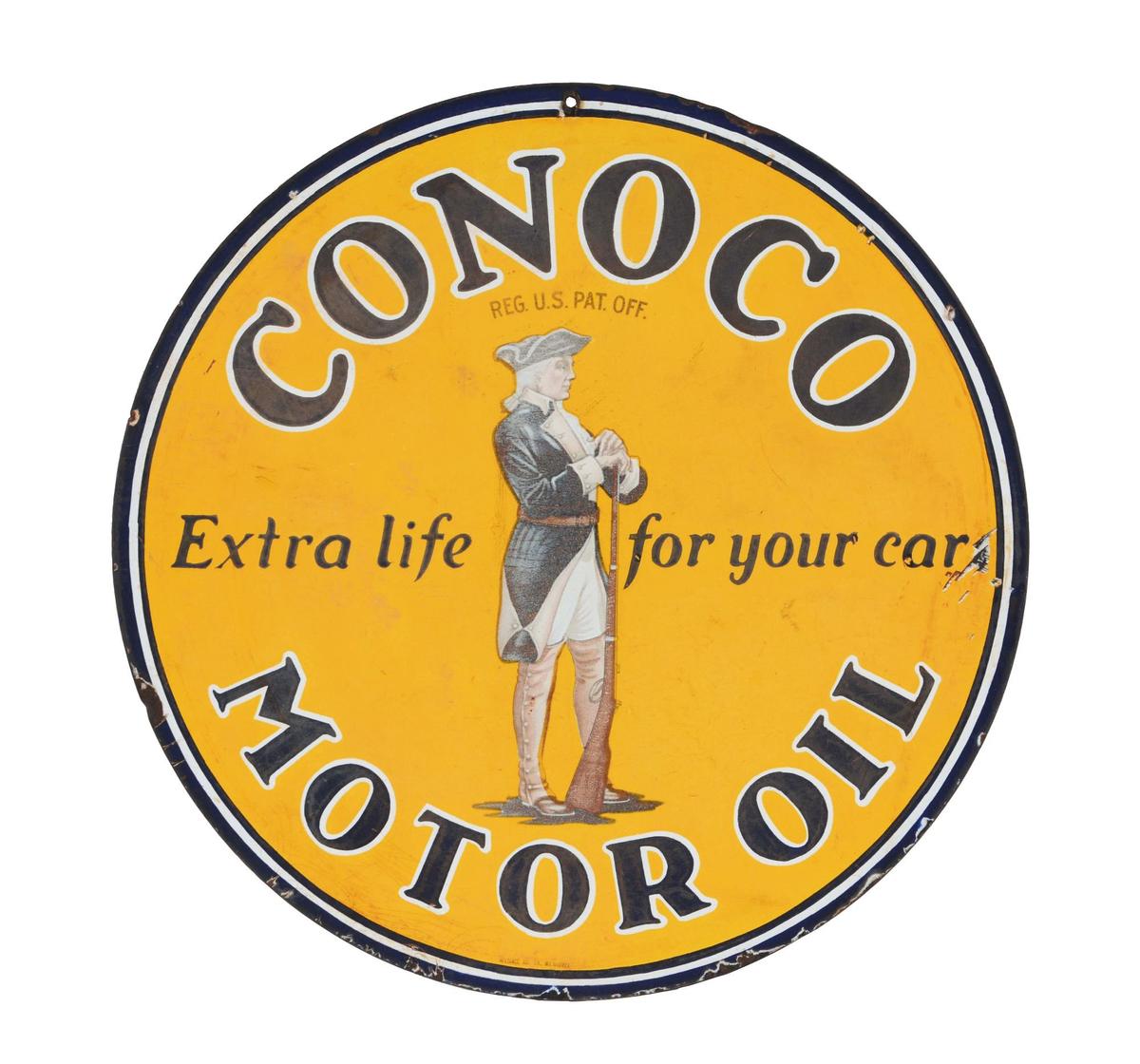 Conoco Motor Oil Porcelain Sign with Minuteman Graphic.