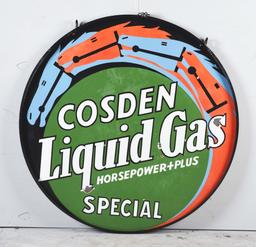 Rare Cosden Gasoline Liquid Gas Horsepower Plus Special Porcelain Sign with Horse Graphics.