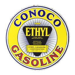 Rare Conoco Ethyl Gasoline Porcelain Curb Sign with Ethyl Burst Graphic.