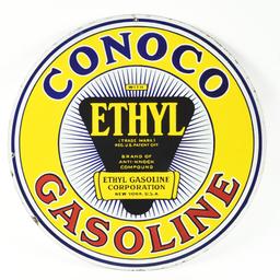 Rare Conoco Ethyl Gasoline Porcelain Curb Sign with Ethyl Burst Graphic.