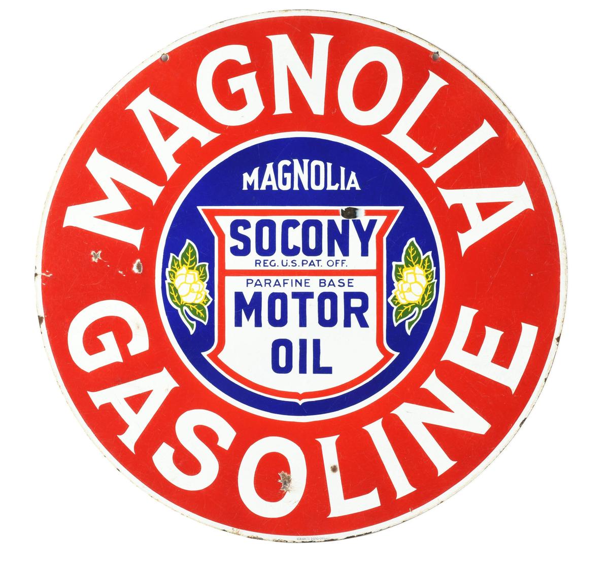 Rare Magnolia Gasoline & Socony Motor Oil Porcelain Curb Sign with Socony Shield Graphic.