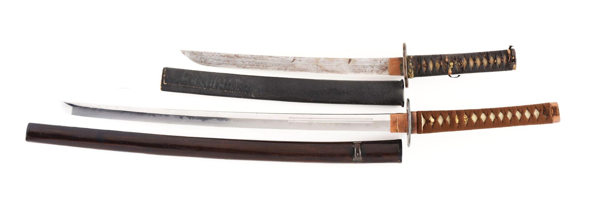 Lot of 2: Fine Late Shinto Wakizashi In The Style of Tadatsuna with Bonji & 2 Short Grooves with Ano