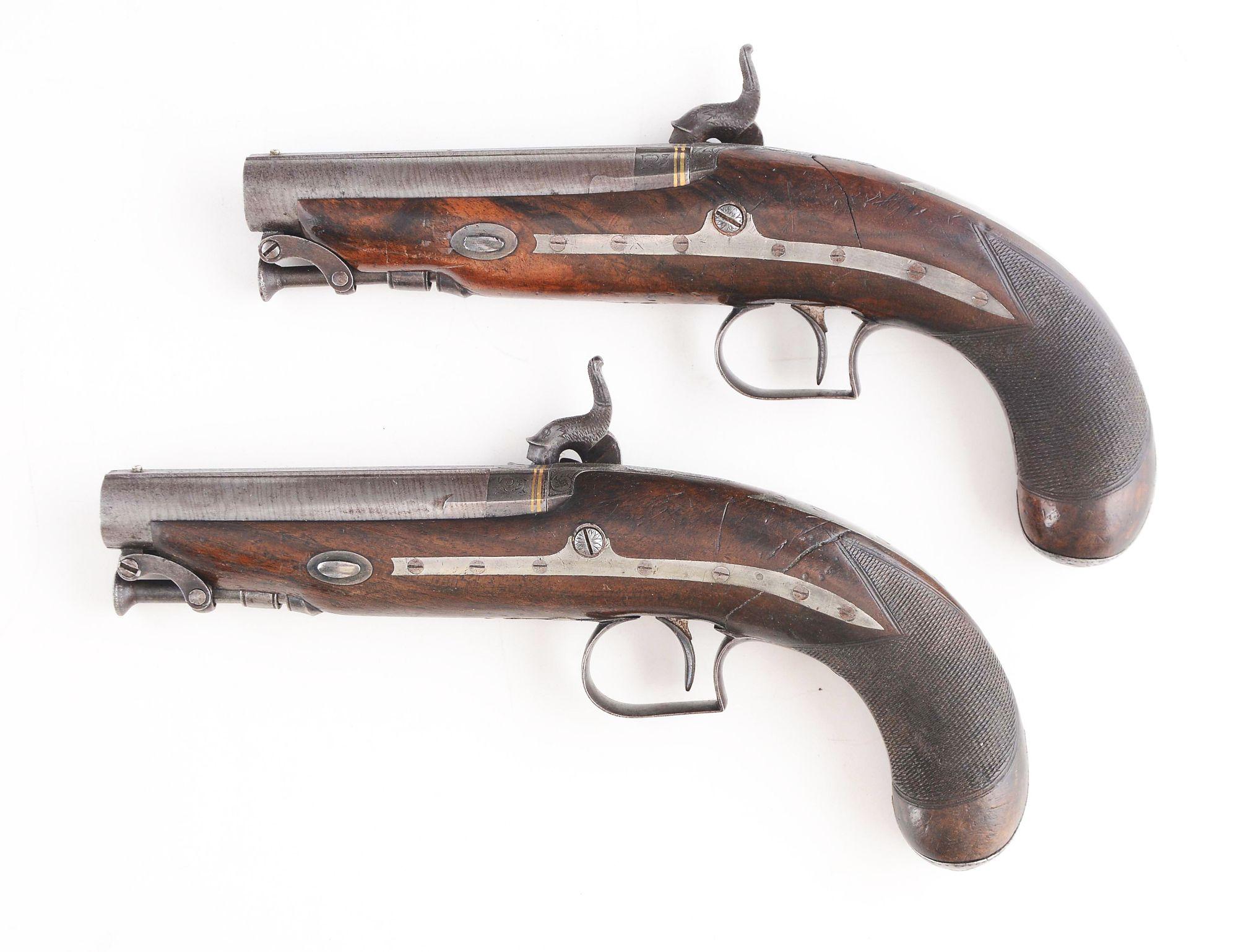 (A) LOT OF TWO: A HIGH QUALITY CASED PAIR OF ENGLISH PERCUSSION TRAVELLING PISTOLS BY THOMAS STEVENS
