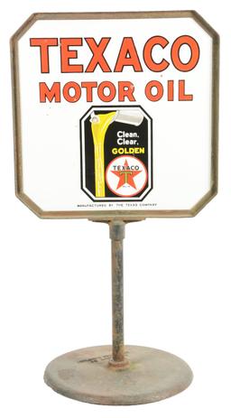 Texaco Motor Oil Porcelain Lollipop Sign W/ Pouring Can Graphic.