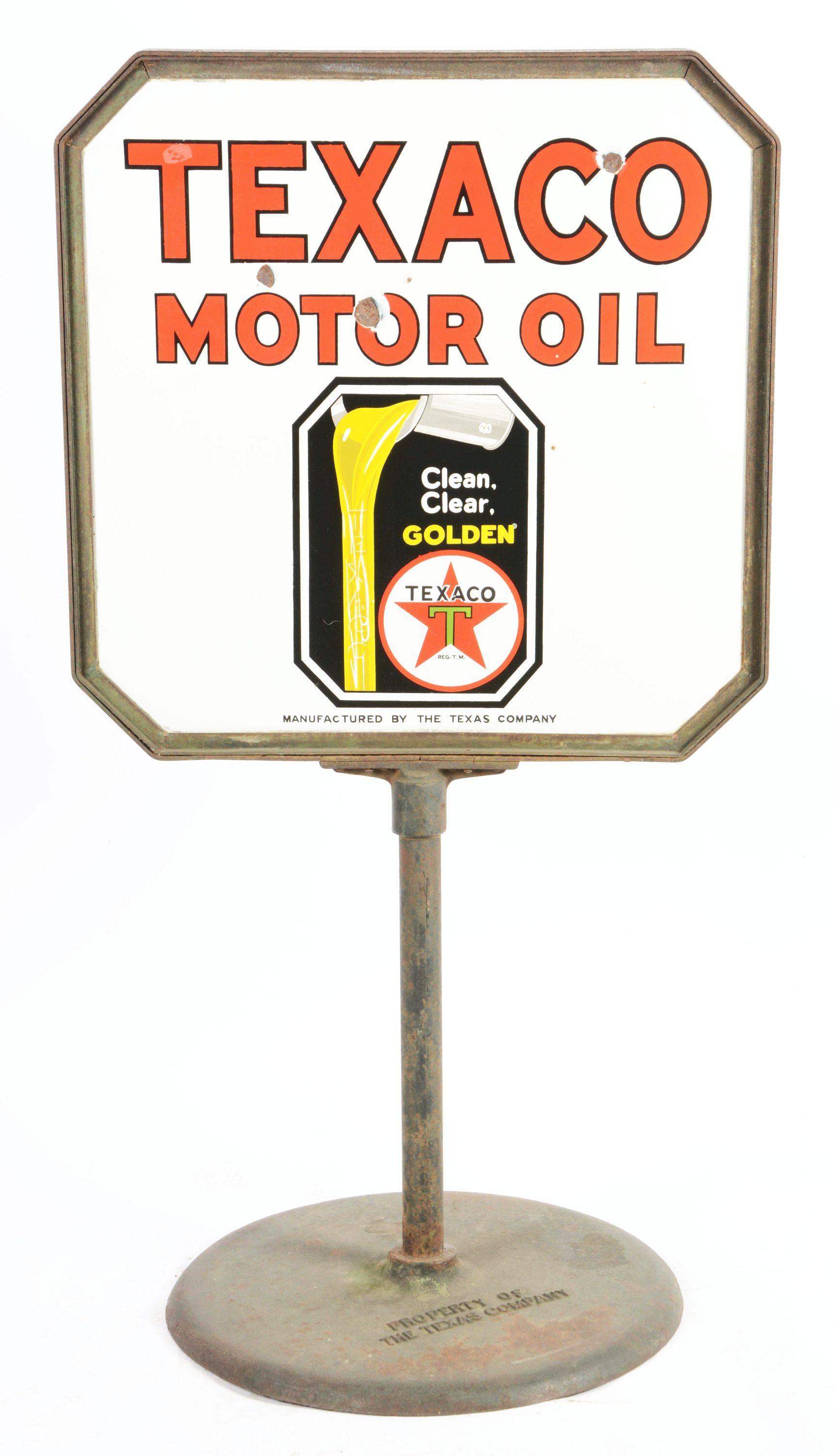 Texaco Motor Oil Porcelain Lollipop Sign W/ Pouring Can Graphic.