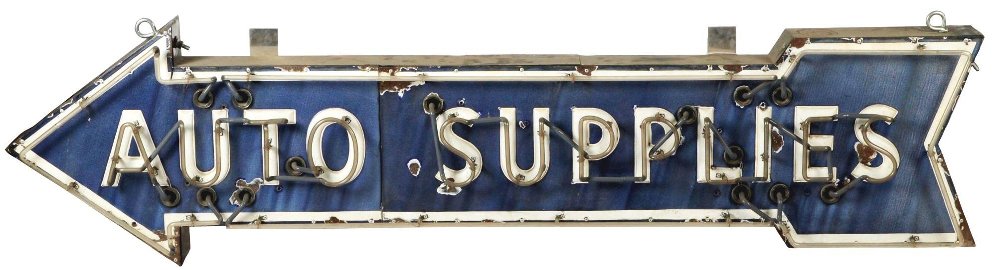 Large Auto Supplies Embossed Porcelain Die Cut Neon Sign On Metal Can.