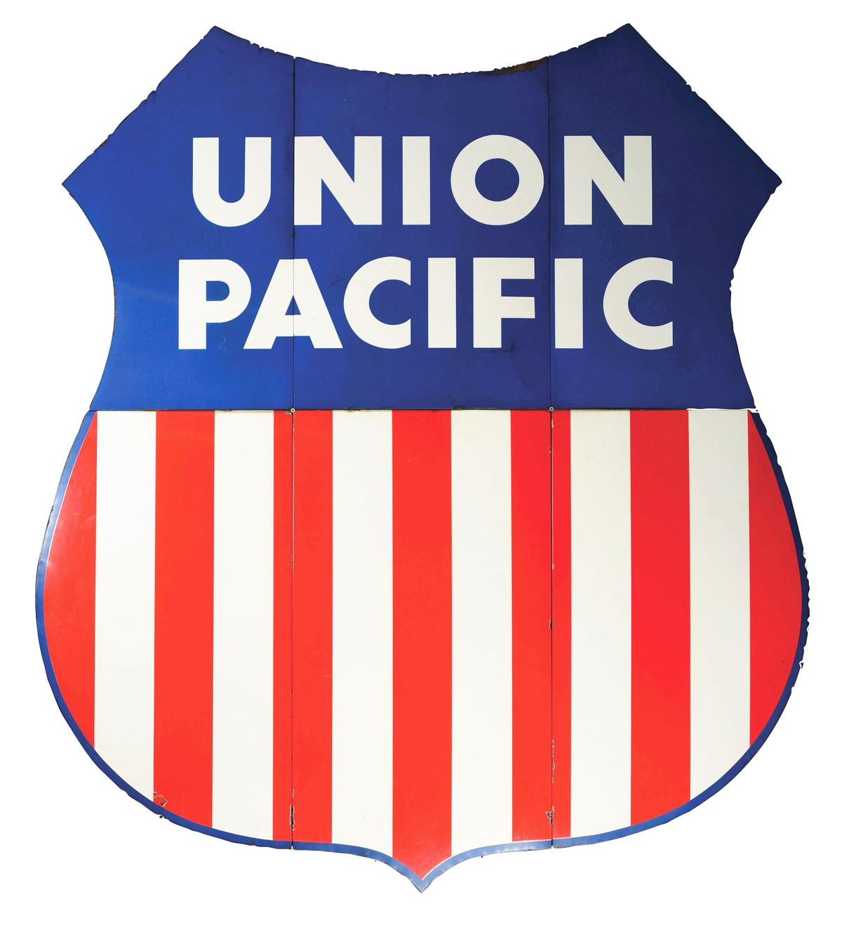 Outstanding Six Piece Union Pacific Railroad Porcelain Shield Sign.