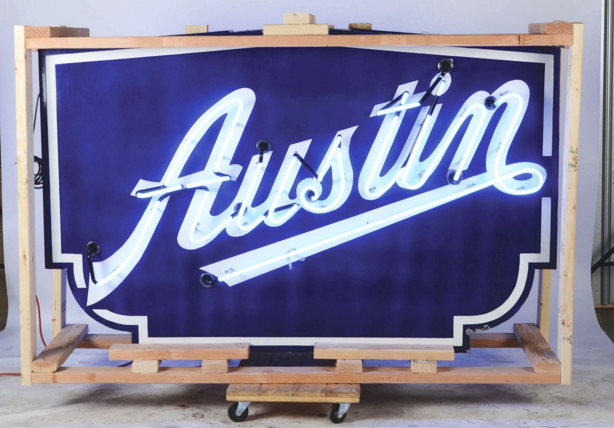 Rare Austin Motor Cars Porcelain Neon Sign On Metal Can.