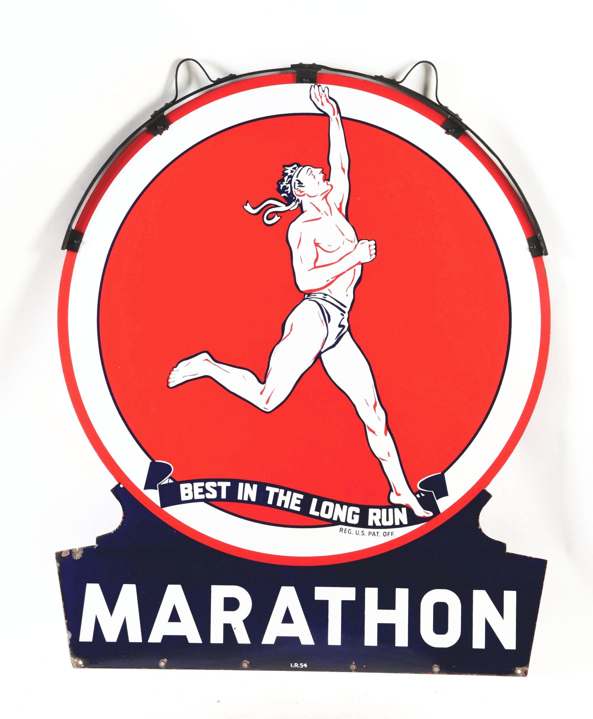 Outstanding Marathon Gasoline Die Cut Porcelain Sign W/ Running Man Graphic.