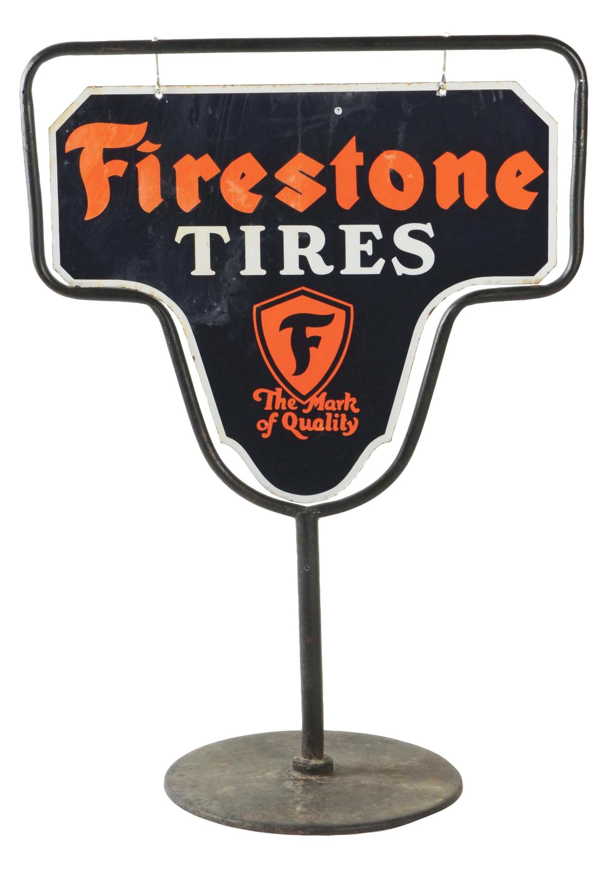 Firestone Tires Die Cut Porcelain Curb Sign In Curbside Stand.