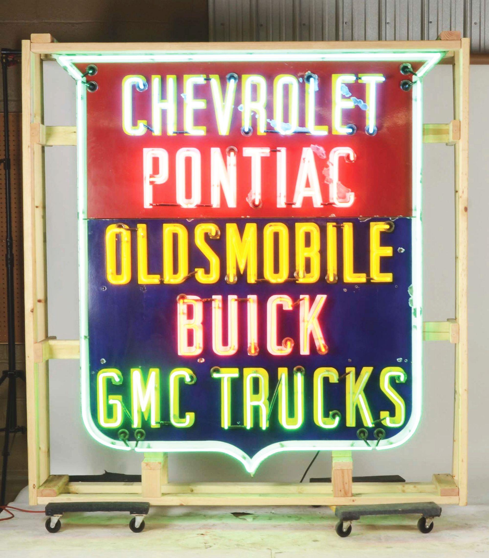 Outstanding Two Piece Porcelain Neon Shield Sign for Chevrolet, Pontiac, Oldsmobile, Buick & GMC Tru