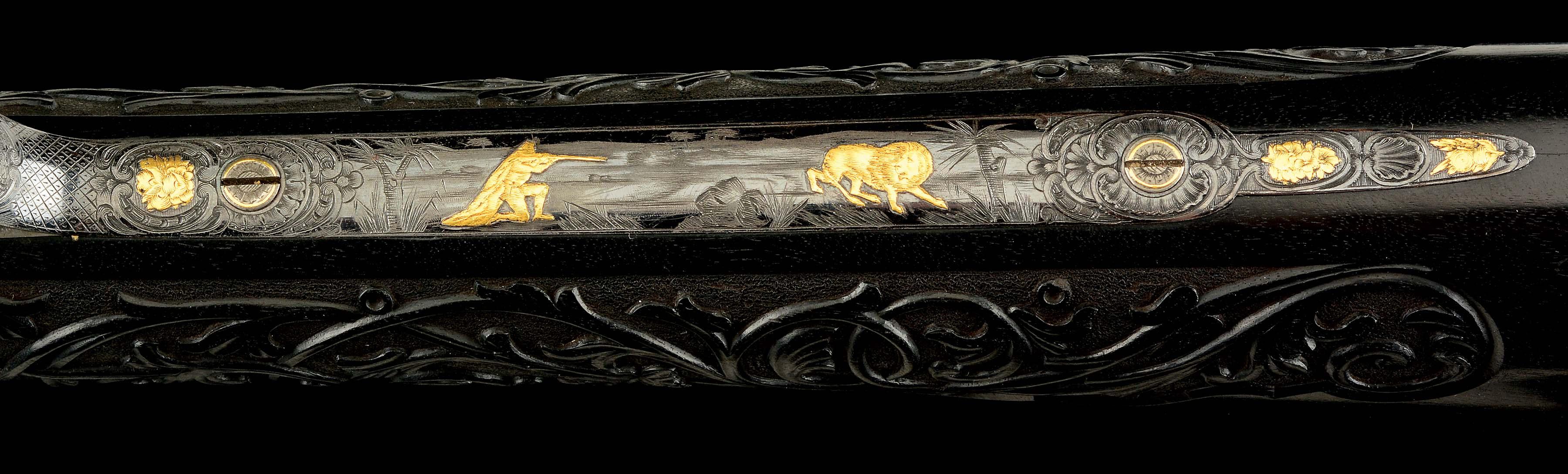 (A) TRULY SUPERB QUALITY, BEAUTIFULLY RELIEF GOLD INLAID AND ENGRAVED PERCUSSION SHOTGUN BY KOEZI