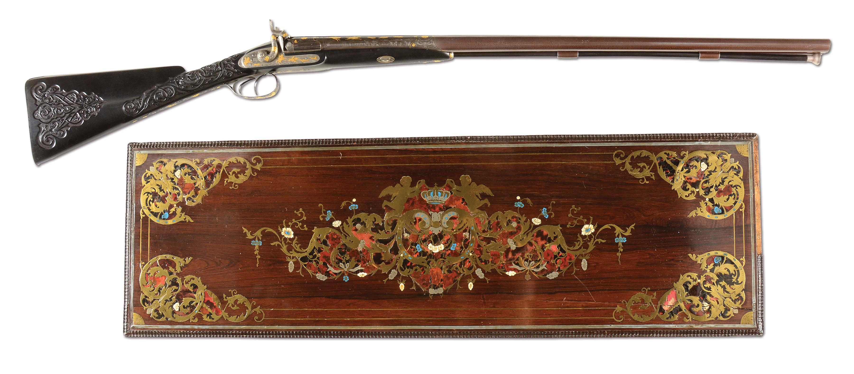 (A) TRULY SUPERB QUALITY, BEAUTIFULLY RELIEF GOLD INLAID AND ENGRAVED PERCUSSION SHOTGUN BY KOEZI