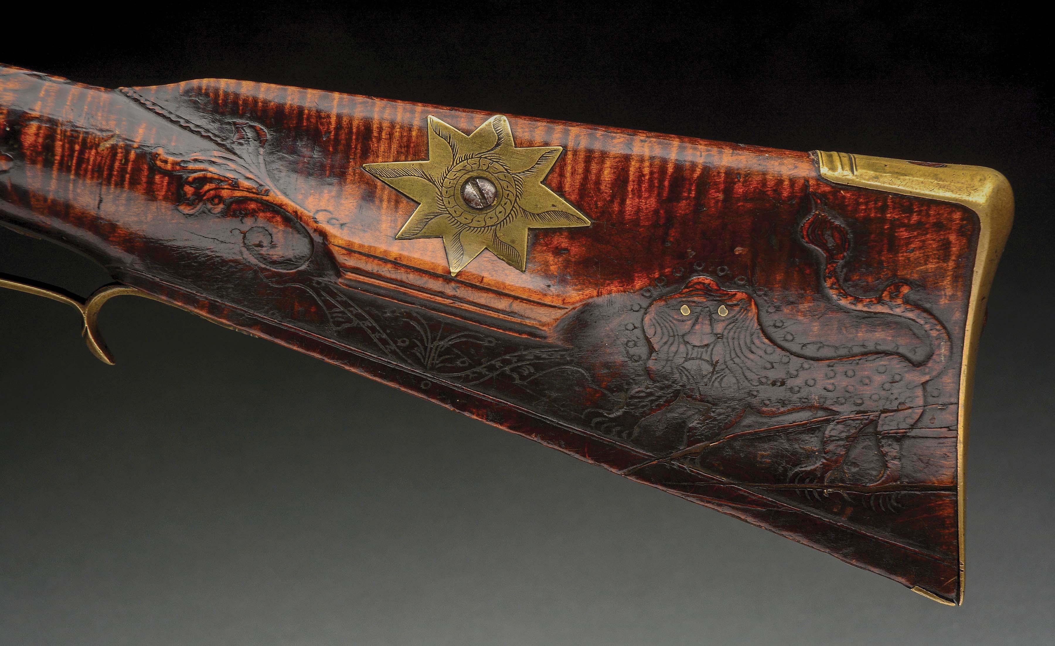(A) IMPORTANT AND HISTORIC "LION AND LAMB' MORAVIAN FLINTLOCK RIFLE WITH BAYONET, ATTRIBUTED TO ANDR