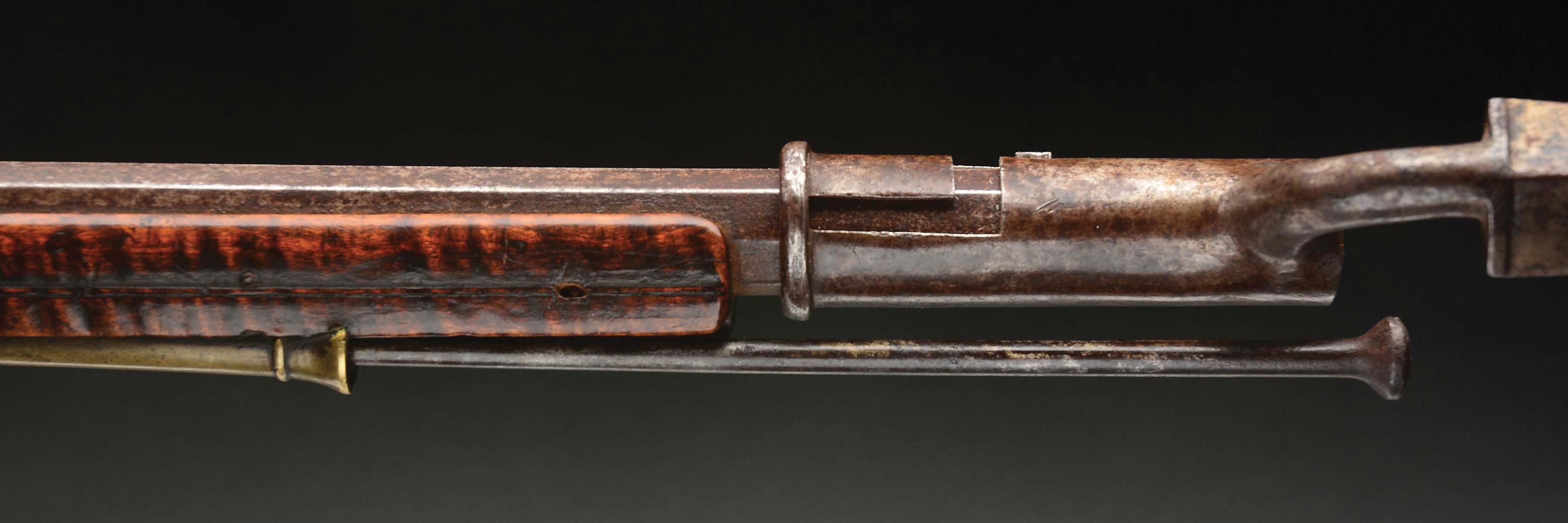 (A) IMPORTANT AND HISTORIC "LION AND LAMB' MORAVIAN FLINTLOCK RIFLE WITH BAYONET, ATTRIBUTED TO ANDR