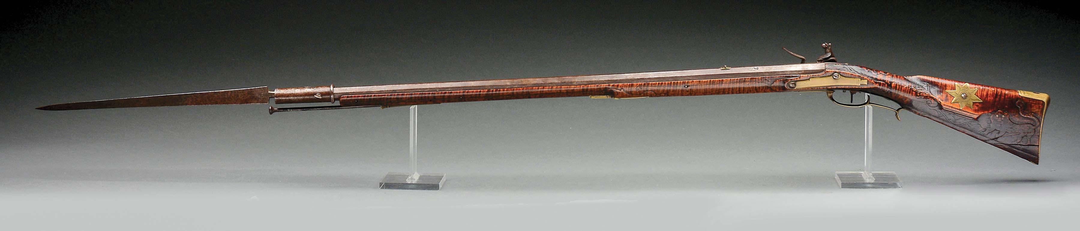 (A) IMPORTANT AND HISTORIC "LION AND LAMB' MORAVIAN FLINTLOCK RIFLE WITH BAYONET, ATTRIBUTED TO ANDR