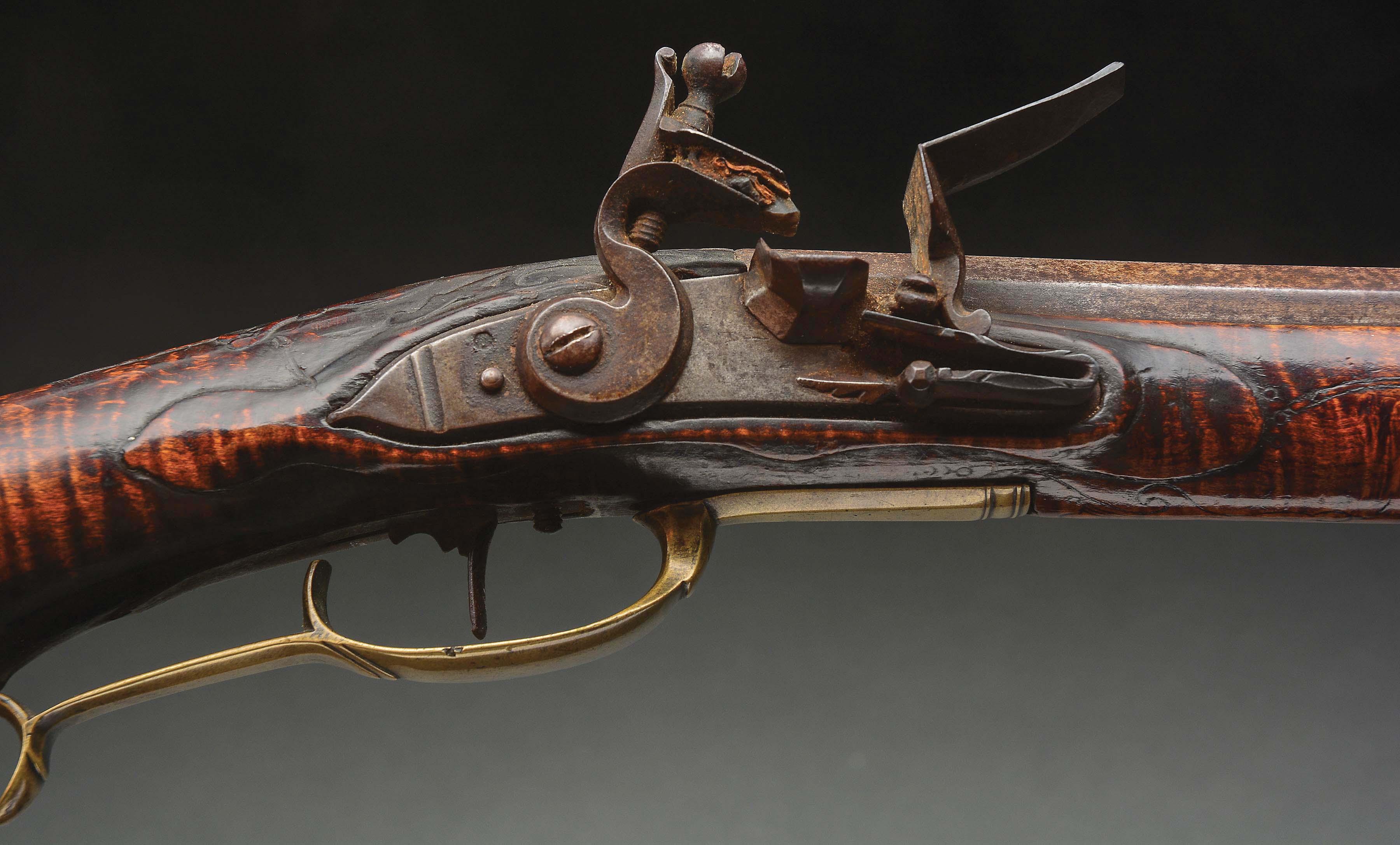 (A) IMPORTANT AND HISTORIC "LION AND LAMB' MORAVIAN FLINTLOCK RIFLE WITH BAYONET, ATTRIBUTED TO ANDR