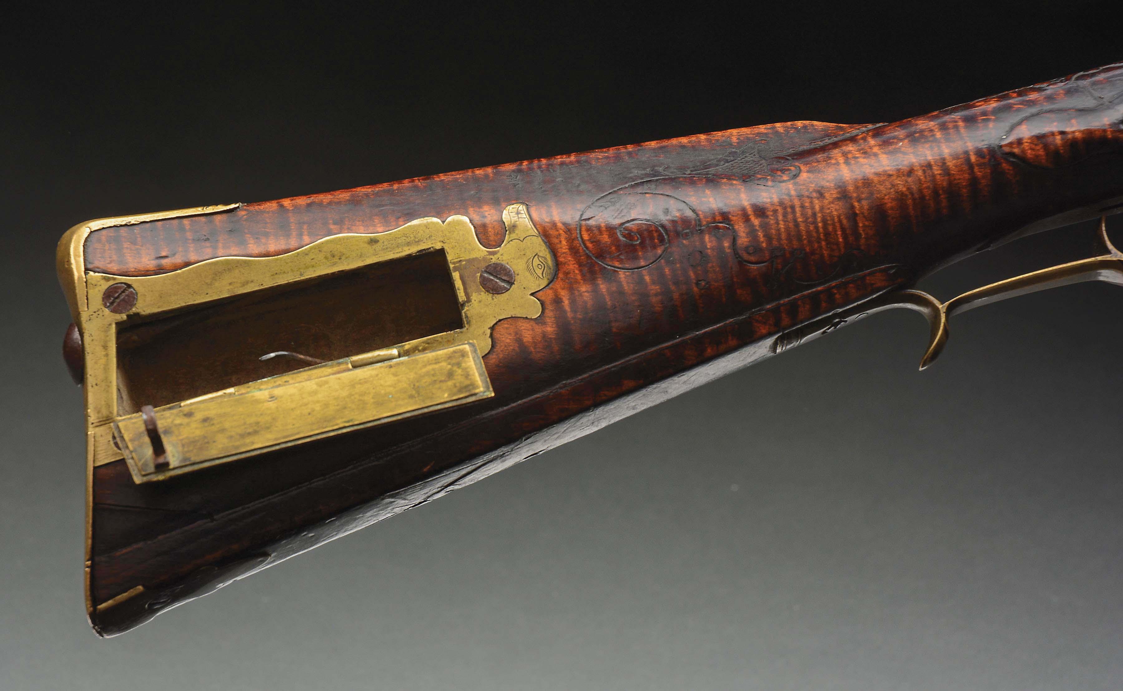 (A) IMPORTANT AND HISTORIC "LION AND LAMB' MORAVIAN FLINTLOCK RIFLE WITH BAYONET, ATTRIBUTED TO ANDR