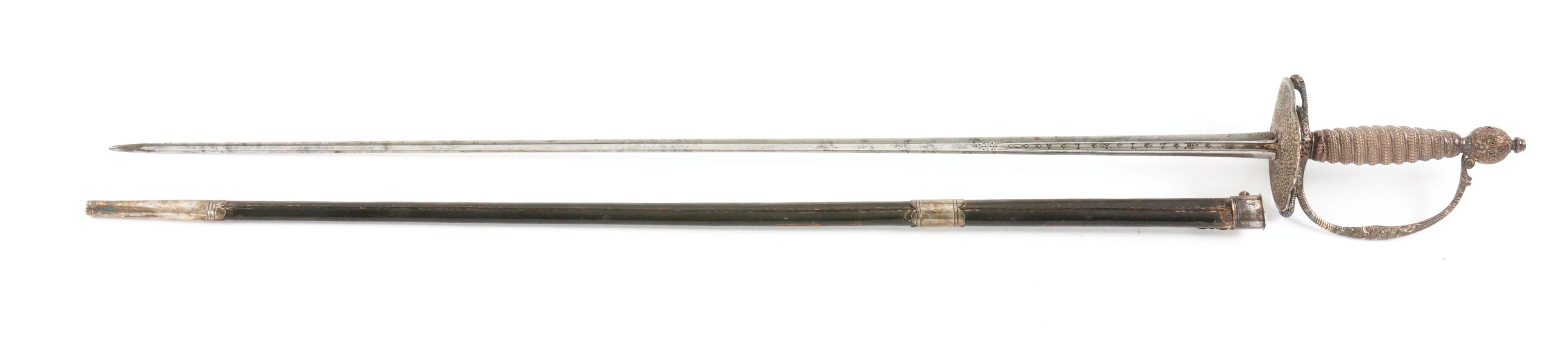 EXQUISITE ENGLISH PIERCED SILVER-HILTED SMALL SWORD AND SCABBARD BY BLAND, HALLMARKED FOR 1767.