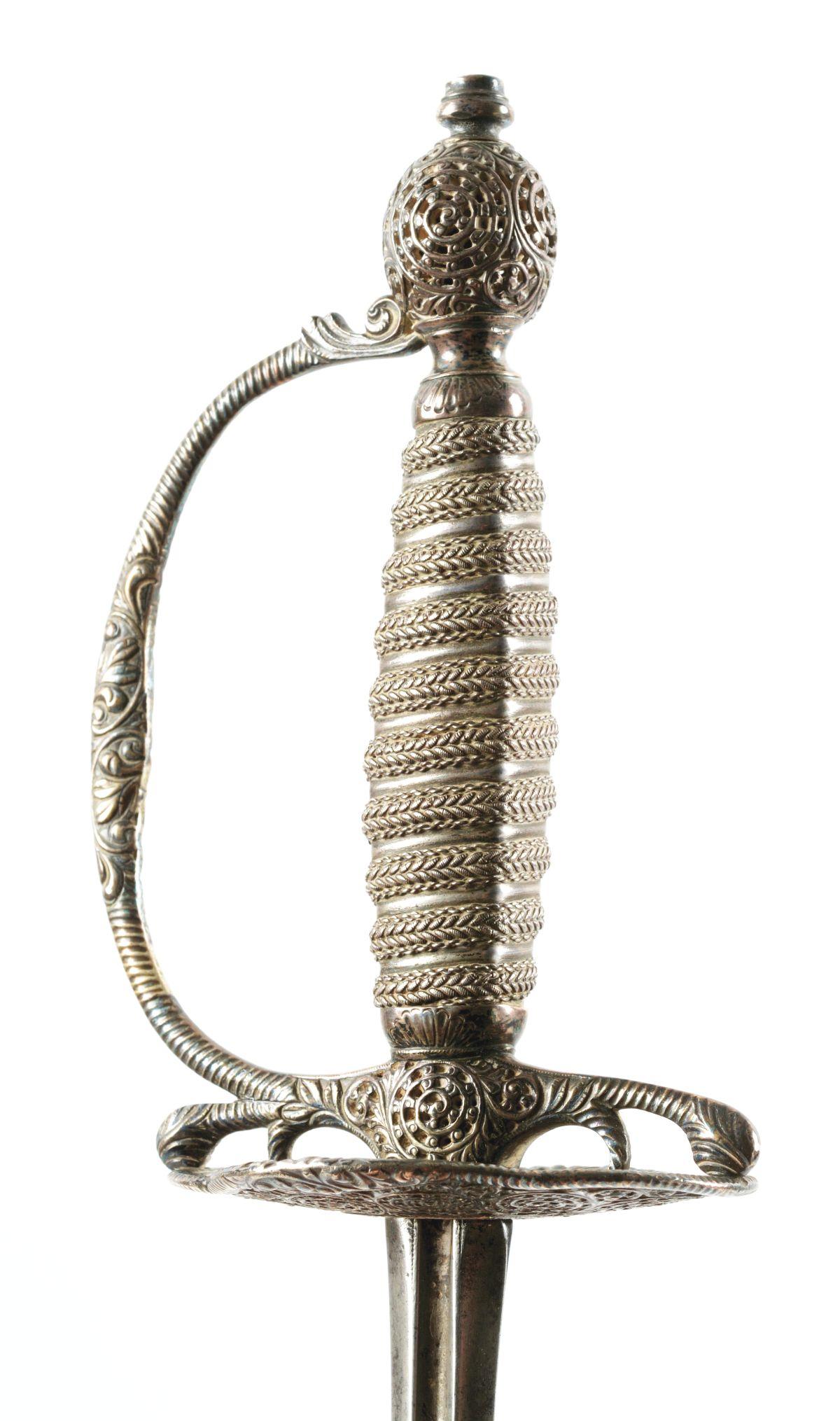 EXQUISITE ENGLISH PIERCED SILVER-HILTED SMALL SWORD AND SCABBARD BY BLAND, HALLMARKED FOR 1767.