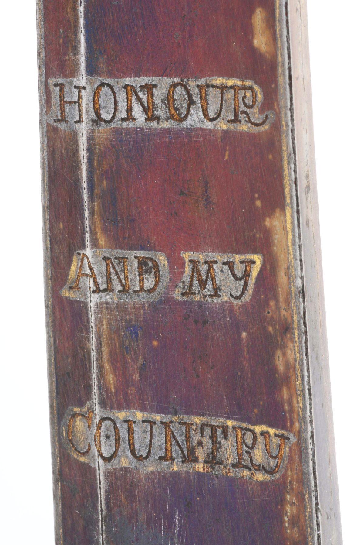 BRASS HILTED "HONOR AND MY COUNTRY" INSCRIBED SABER WITH SCABBARD.