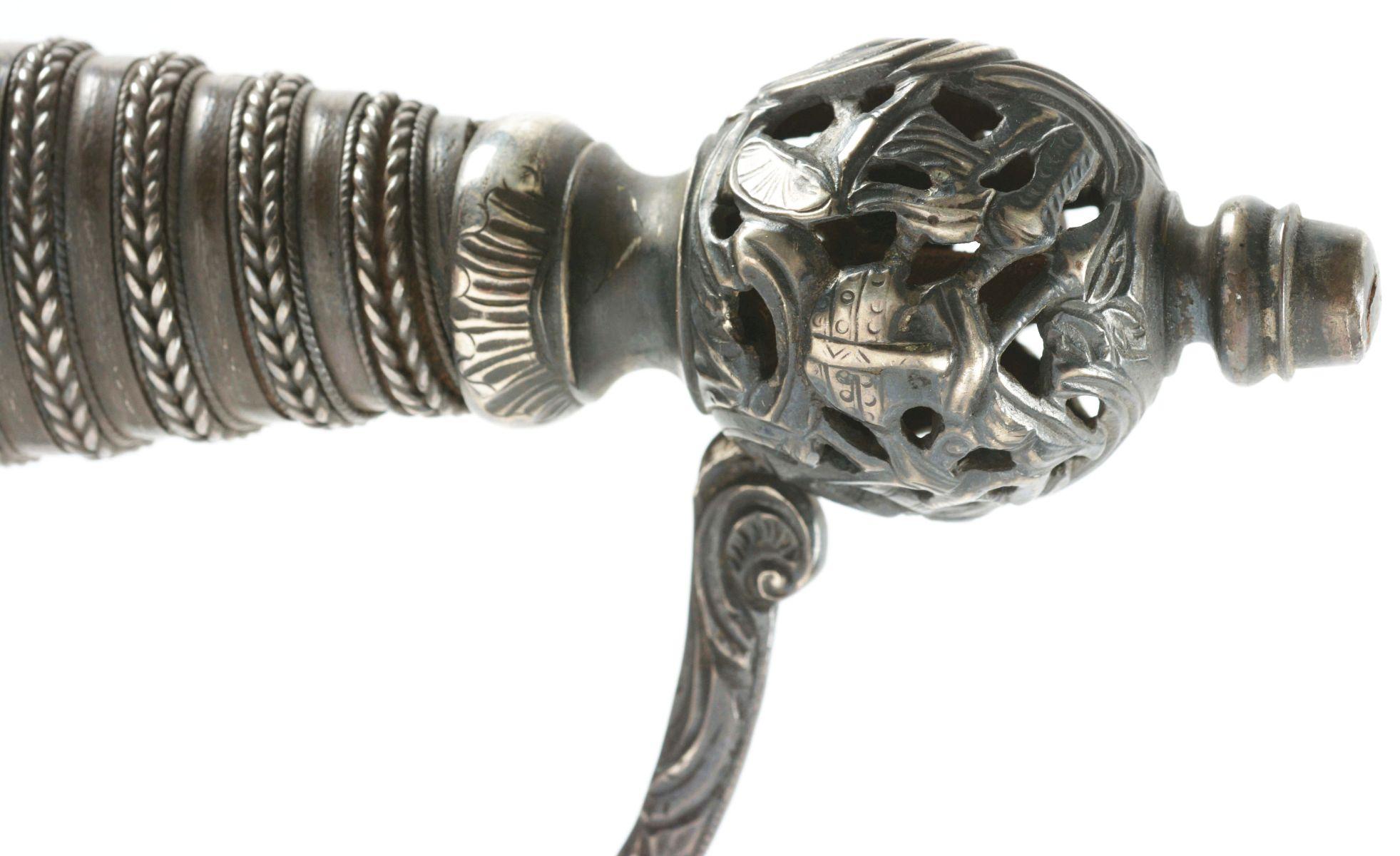FINE SILVER-HILTED SMALL SWORD DECORATED WITH NAVAL MILITARY MOTIFS.